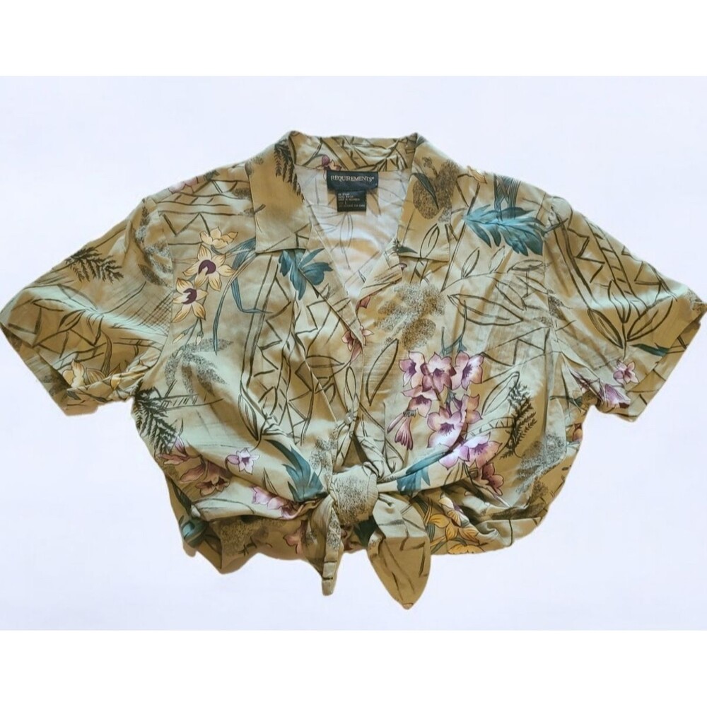 Vintage Tropical Hawaiian Green Floral Print Pearl Button Up Short Sleeve Top L